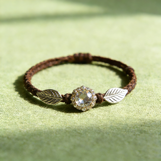 Leaf & Crystal Leather Bracelet